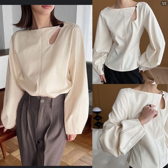 Tops - White blouse with black contrast stitching long sleeves key hole button detail